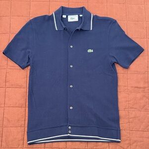 Lacoste Dark Blue Full Button Down Polo with White Accents